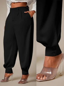 Radiana Plus Size Women Spring/Summer Fashion Minimalist Casual Elegant Commute Elastic Waistband Cuffed Hem Pants, Suitable For Urban Office Formal Black - Black - View 8