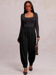 Radiana Plus Size Women Spring/Summer Fashion Minimalist Casual Elegant Commute Elastic Waistband Cuffed Hem Pants, Suitable For Urban Office Formal Black - Black - View 9