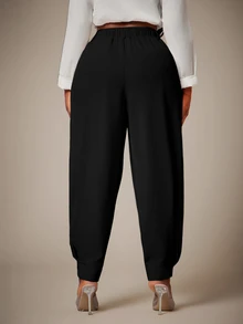 Radiana Plus Size Women Spring/Summer Fashion Minimalist Casual Elegant Commute Elastic Waistband Cuffed Hem Pants, Suitable For Urban Office Formal Black - Black - View 3