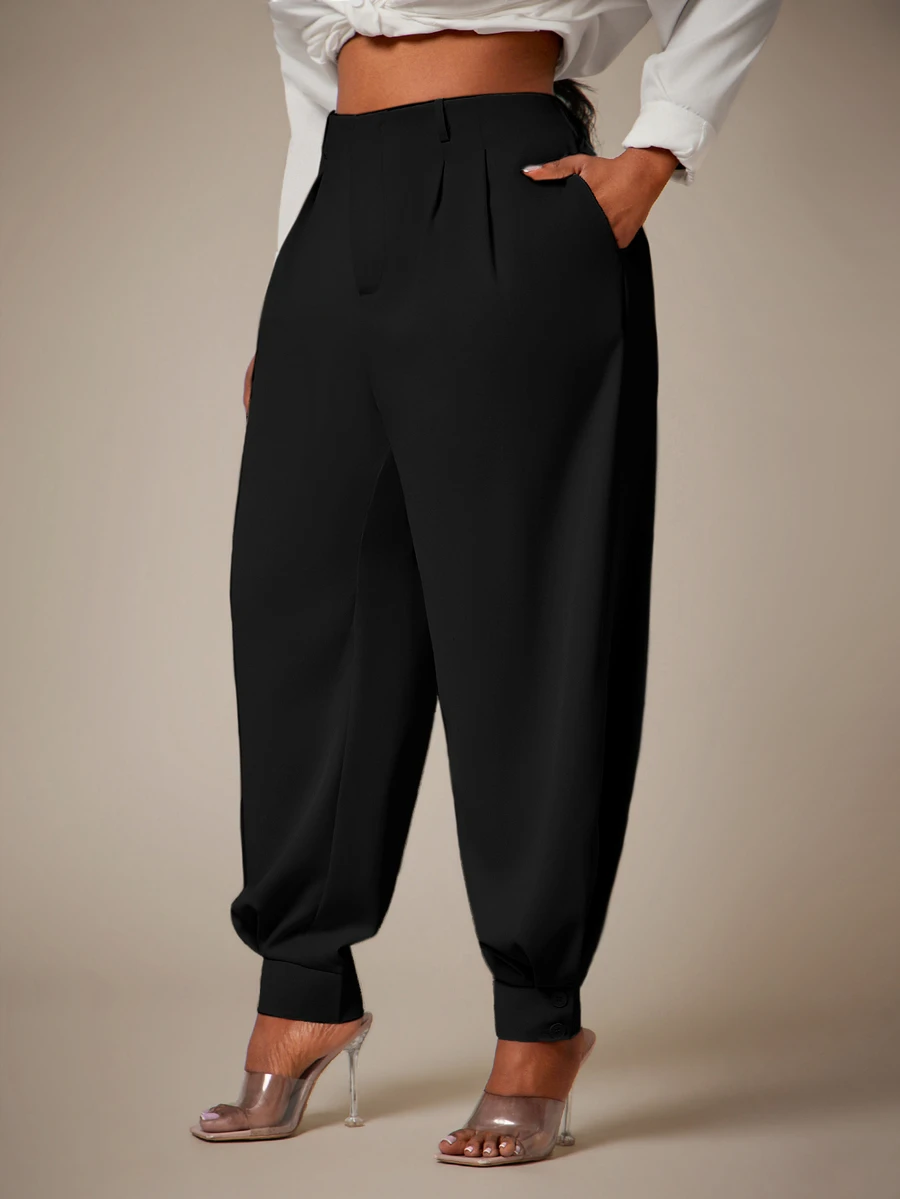 Radiana Plus Size Women Spring/Summer Fashion Minimalist Casual Elegant Commute Elastic Waistband Cuffed Hem Pants, Suitable For Urban Office Formal Black