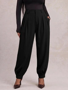 Radiana Plus Size Women Spring/Summer Fashion Minimalist Casual Elegant Commute Elastic Waistband Cuffed Hem Pants, Suitable For Urban Office Formal Black - Black - View 10