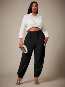 Radiana Plus Size Women Spring/Summer Fashion Minimalist Casual Elegant Commute Elastic Waistband Cuffed Hem Pants, Suitable For Urban Office Formal Black - Black - View 7