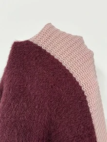 SHEIN 女款秋冬拼接配色落肩長袖休閒套頭毛衣 - 彩色 - 查看 3