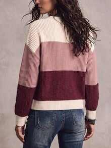 SHEIN 女款秋冬拼接配色落肩長袖休閒套頭毛衣 - 彩色 - 查看 2