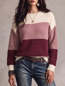 SHEIN 女款秋冬拼接配色落肩長袖休閒套頭毛衣 - 彩色 - 查看 5