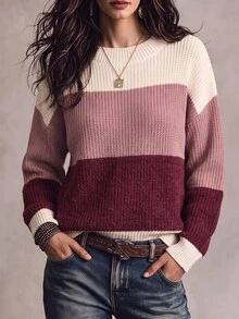 SHEIN 女款秋冬拼接配色落肩長袖休閒套頭毛衣 - 彩色 - 查看 6