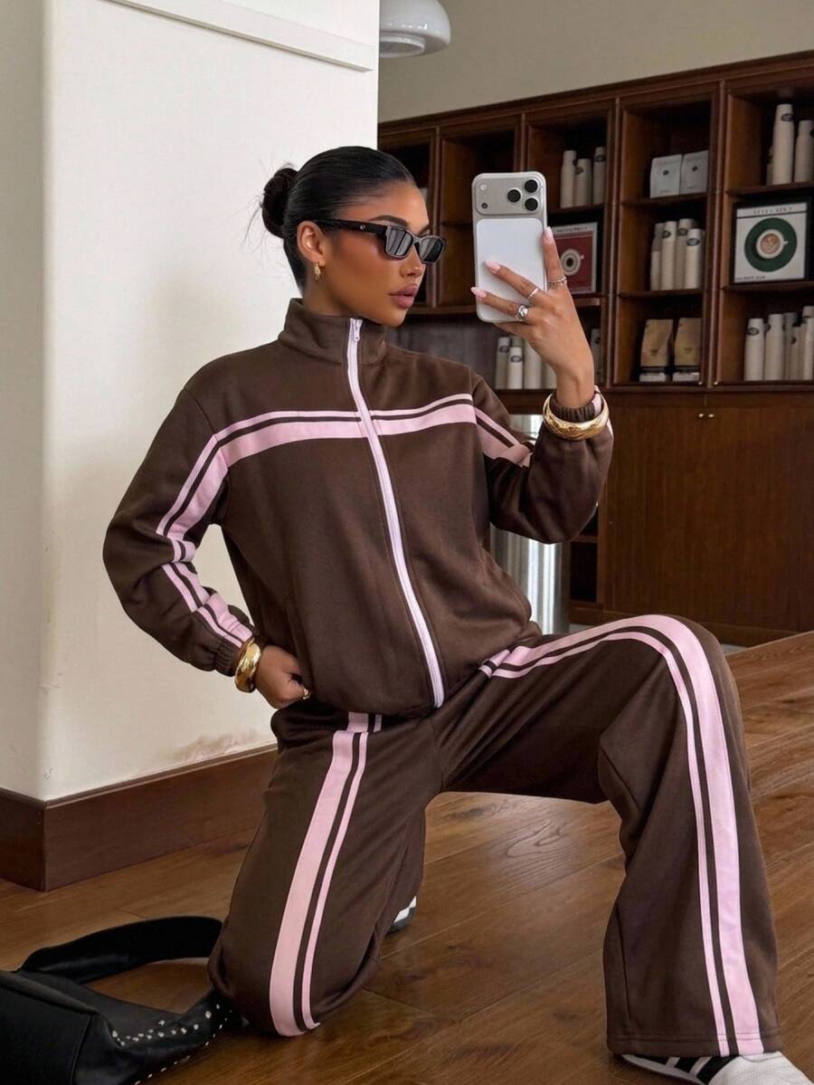 Muchica Women's Pocket Zipper Long Sleeve Sweatshirt And Striped Colorblock Loose Pants College Style Set Brown Patchwork And Plush Warm Autumn And Winter - Brown - View 1