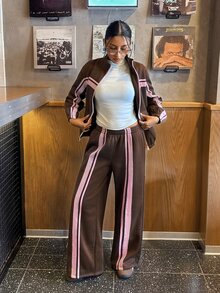 Muchica Women's Pocket Zipper Long Sleeve Sweatshirt And Striped Colorblock Loose Pants College Style Set Brown Patchwork And Plush Warm Autumn And Winter - Brown - View 4