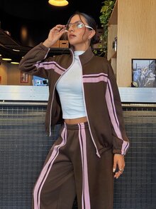 Muchica Women's Pocket Zipper Long Sleeve Sweatshirt And Striped Colorblock Loose Pants College Style Set Brown Patchwork And Plush Warm Autumn And Winter - Brown - View 5