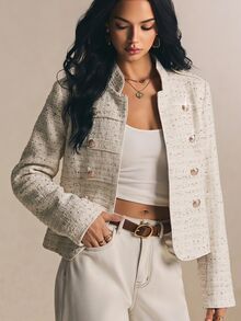Poéselle Women's White Sequin Trim Military Style Blazer, Elegant Fall Winter Work Jacket For Back To School, Christmas, Halloween & Parties - White - View 5