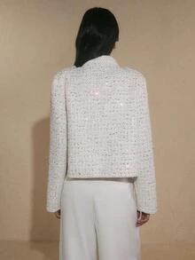 Poéselle Women's White Sequin Trim Military Style Blazer, Elegant Fall Winter Work Jacket For Back To School, Christmas, Halloween & Parties - White - View 3