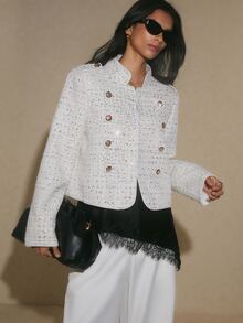 Poéselle Women's White Sequin Trim Military Style Blazer, Elegant Fall Winter Work Jacket For Back To School, Christmas, Halloween & Parties - White - View 10