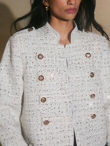Poéselle Women's White Sequin Trim Military Style Blazer, Elegant Fall Winter Work Jacket For Back To School, Christmas, Halloween & Parties - White - View 4