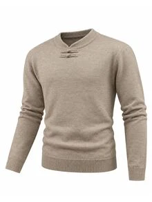 Manfinity Mode Men's Solid Color Sweater, Simple Daily Classic - Khaki - View 3