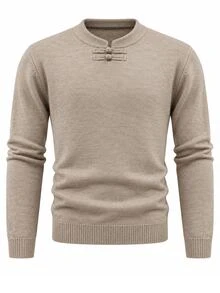 Manfinity Mode Men's Solid Color Sweater, Simple Daily Classic - Khaki - View 8