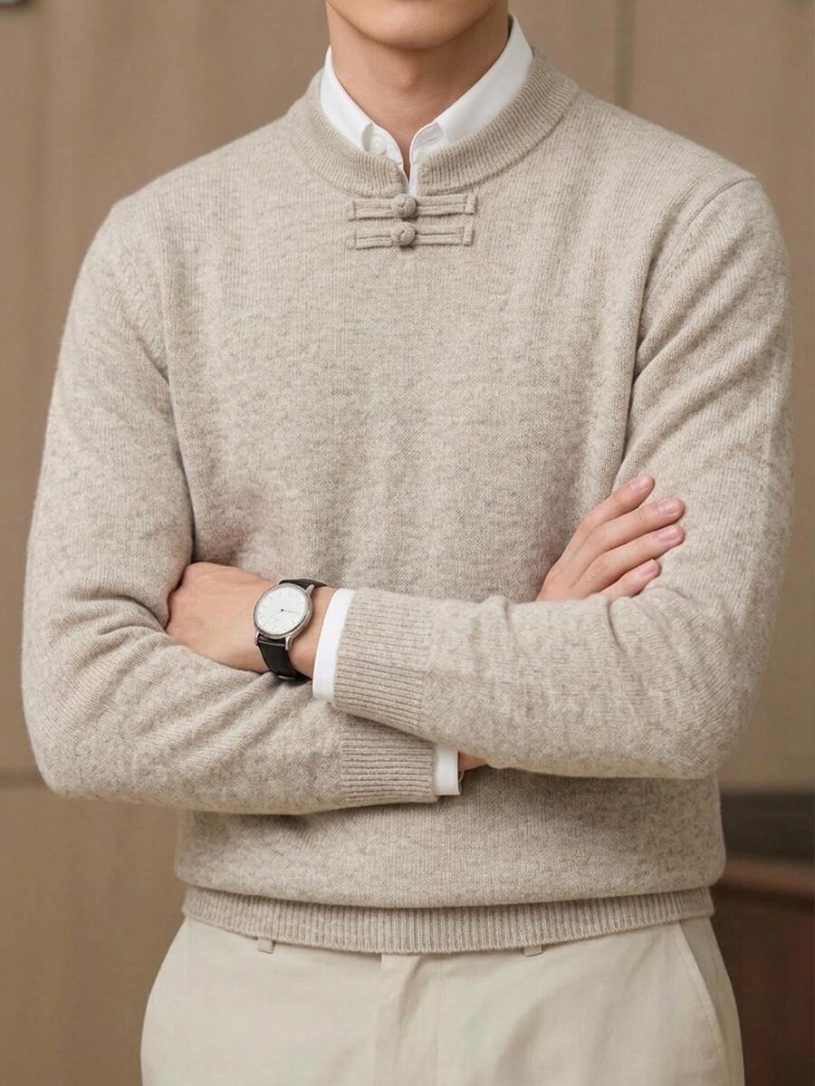 Manfinity Mode Men's Solid Color Sweater, Simple Daily Classic - Khaki - View 1