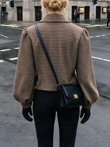 Struktiv Vintage British Style Houndstooth Short Blazer Jacket, Loose Lantern Sleeves, Lapel Collar, Casual Commute Wool Jacket - Brown - View 2