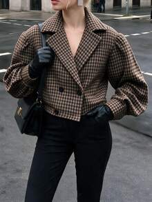 Struktiv Vintage British Style Houndstooth Short Blazer Jacket, Loose Lantern Sleeves, Lapel Collar, Casual Commute Wool Jacket - Brown - View 4