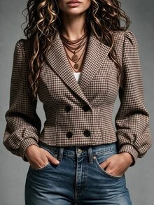 Struktiv Vintage British Style Houndstooth Short Blazer Jacket, Loose Lantern Sleeves, Lapel Collar, Casual Commute Wool Jacket - Brown - View 5