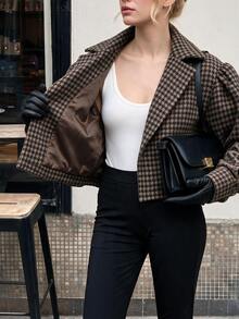 Struktiv Vintage British Style Houndstooth Short Blazer Jacket, Loose Lantern Sleeves, Lapel Collar, Casual Commute Wool Jacket - Brown - View 3