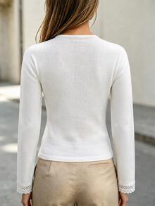 Louniche Women's Elegant Vintage Ribbed Texture V-Neck Lace Trim Top, Slim Fit Waist, Ruffled Cuffs, Flattering Short Length, Versatile Long Sleeve Commute Base Layer T-Shirt - White - View 2