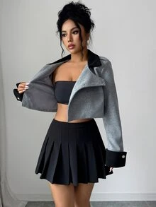 Elenzga Hot Girl Style Grey Short Lapel Jacket, Vintage Black & Grey Colorblock Lapel Short Jacket - Grey - View 4