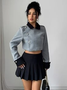 Elenzga Hot Girl Style Grey Short Lapel Jacket, Vintage Black & Grey Colorblock Lapel Short Jacket - Grey - View 6