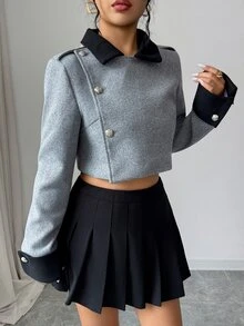Elenzga Hot Girl Style Grey Short Lapel Jacket, Vintage Black & Grey Colorblock Lapel Short Jacket - Grey - View 5