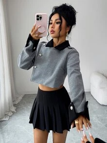 Elenzga Hot Girl Style Grey Short Lapel Jacket, Vintage Black & Grey Colorblock Lapel Short Jacket - Grey - View 7