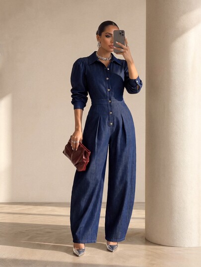 Structelle Mono de mujer casual con efecto denim vintage, mangas largas abullonadas, cuello de camisa, botones frontales de metal plateado, cintura alta con cinturón incorporado, doble pliegue delantero y pierna ancha recta