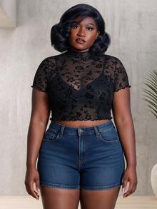 CurvyTilda Plus Size Velvet Mesh Stand Collar T-Shirt, For Winter - Black - View 4