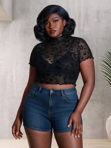 CurvyTilda Plus Size Velvet Mesh Stand Collar T-Shirt, For Winter - Black - View 3