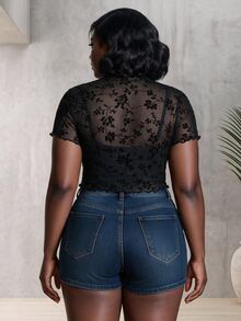 CurvyTilda Plus Size Velvet Mesh Stand Collar T-Shirt, For Winter - Black - View 2