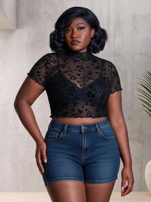 CurvyTilda Plus Size Velvet Mesh Stand Collar T-Shirt, For Winter - Black - View 1
