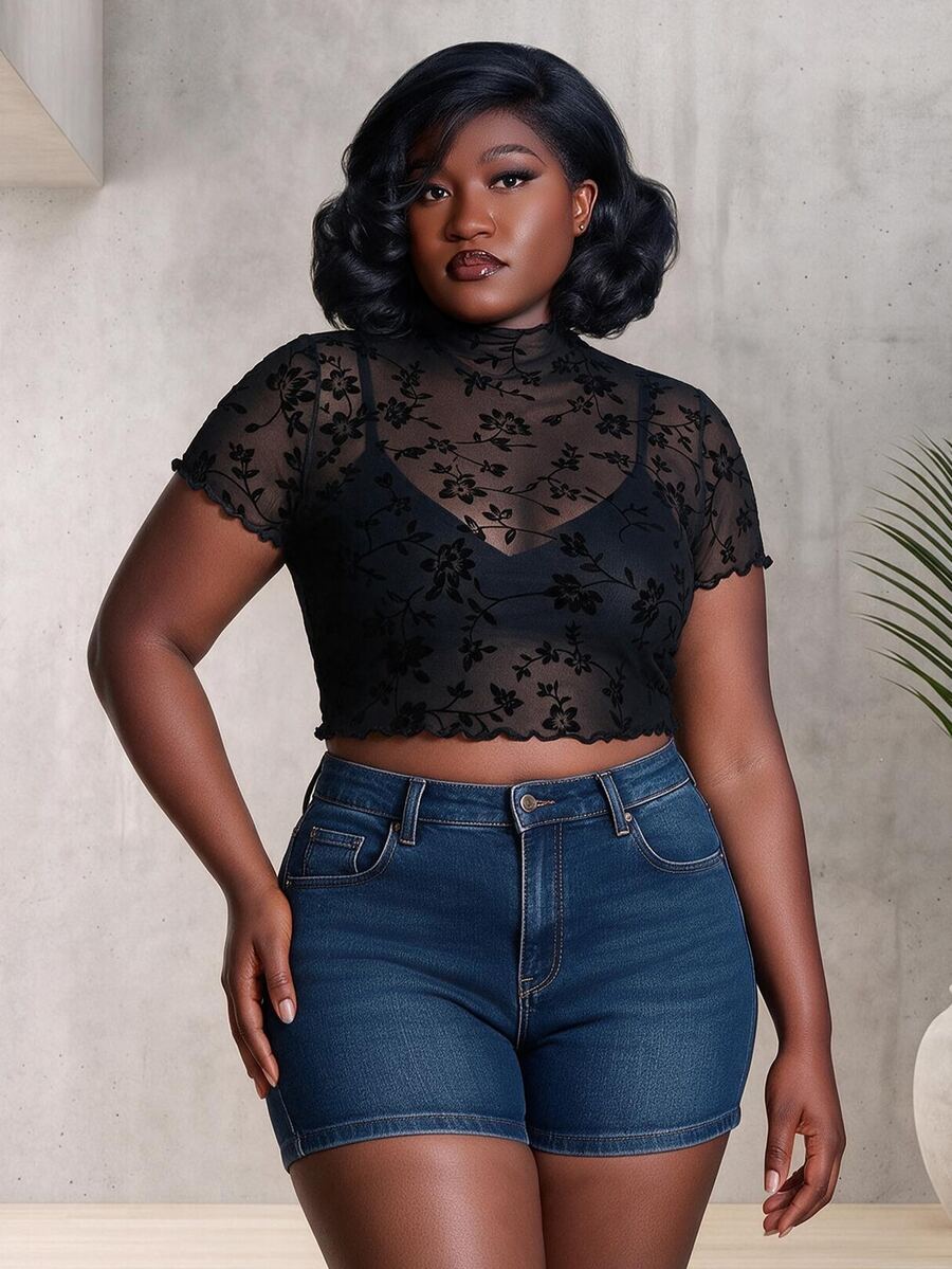 CurvyTilda Plus Size Velvet Mesh Stand Collar T-Shirt, For Winter - Black - View 1