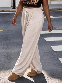 CurvyTilda Plus Size Women's Solid Color Drawstring Waist Wide Leg Casual Sweatpants, Summer Outfits , Beach For Women, Holiday Fall - Apricot - View 4