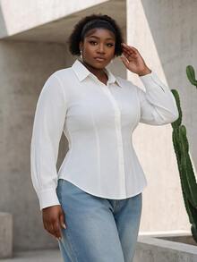 CurvyTilda Plus Size Women's Solid Color Long Sleeve Single-Breasted Fitted Casual/Work Shirt/Fall/Winter - White - View 5