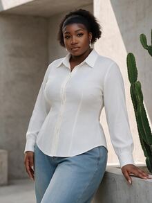 CurvyTilda Plus Size Women's Solid Color Long Sleeve Single-Breasted Fitted Casual/Work Shirt/Fall/Winter - White - View 2