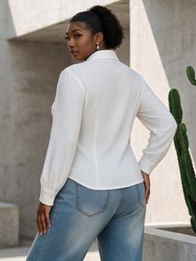 CurvyTilda Plus Size Women's Solid Color Long Sleeve Single-Breasted Fitted Casual/Work Shirt/Fall/Winter - White - View 3