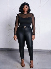 CurvyTilda Áo thun dài tay ôm dáng, thời trang, phối lưới, cỡ lớn, thích hợp mặc đi làm, thanh lịch mùa hè, dự tiệc, ngày Valentine, màu đen. - màu đen - Xem 3
