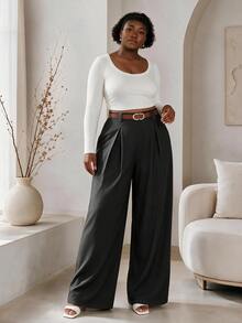 CurvyTilda Plus Size Women's Wide Leg Pants, Solid Apricot Color, Elegant Style, Fashionable For Commuting And Office Wear Fall - Black - View 1