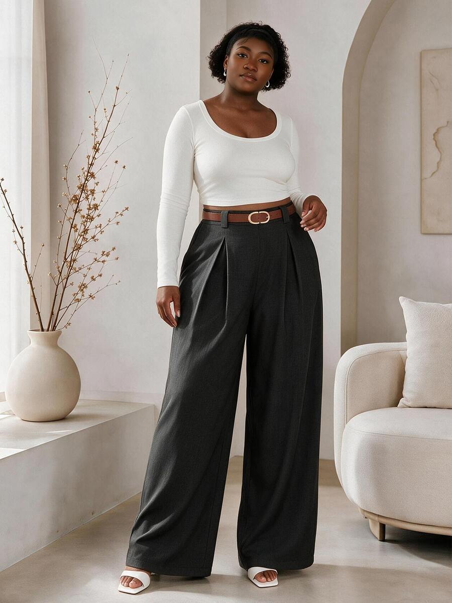 CurvyTilda Plus Size Women's Wide Leg Pants, Solid Apricot Color, Elegant Style, Fashionable For Commuting And Office Wear Fall - Black - View 1
