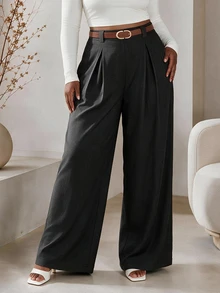 CurvyTilda Plus Size Women's Wide Leg Pants, Solid Apricot Color, Elegant Style, Fashionable For Commuting And Office Wear Fall - Black - View 3