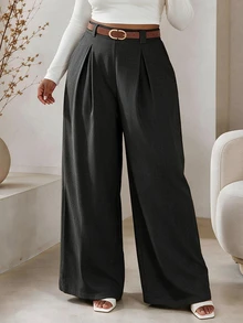 CurvyTilda Plus Size Women's Wide Leg Pants, Solid Apricot Color, Elegant Style, Fashionable For Commuting And Office Wear Fall - Black - View 4