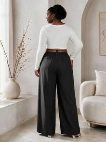 CurvyTilda Plus Size Women's Wide Leg Pants, Solid Apricot Color, Elegant Style, Fashionable For Commuting And Office Wear Fall - Black - View 2