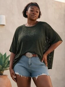 CurvyTilda 大码薄纱蕾丝休闲T恤衫 女士蕾丝衬衫 女士蕾丝上衣 女士休闲上衣 女士优雅衬衫 女士休闲优雅新款上衣 女士蕾丝上衣 女士薄纱上衣 女士蕾丝衬衫 女士短袖上衣 女士上衣和衬衫 母亲节 - 橄欖綠 - 查看 2
