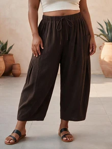 CurvyTilda Plus Size Loose Fit Drawstring Casual Business Casual Cropped Pants Office Vacation Chocolate Brown Summer Fall - Coffee Brown - View 4