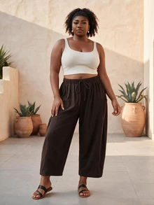 CurvyTilda Plus Size Loose Fit Drawstring Casual Business Casual Cropped Pants Office Vacation Chocolate Brown Summer Fall - Coffee Brown - View 1