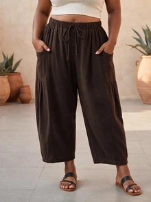 CurvyTilda Plus Size Loose Fit Drawstring Casual Business Casual Cropped Pants Office Vacation Chocolate Brown Summer Fall - Coffee Brown - View 3