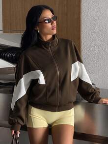 Dewbera Dewbera Women's Colorblock Long Sleeve Zip-Up Sports Sweatshirt Jacket Fall Winter - Brown - View 1